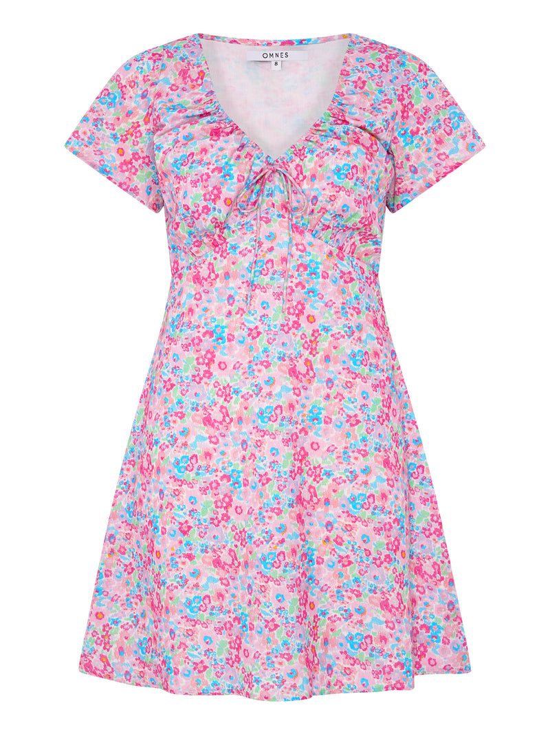 Dotty V Neck Ruched Mini Dress in Floral Print
