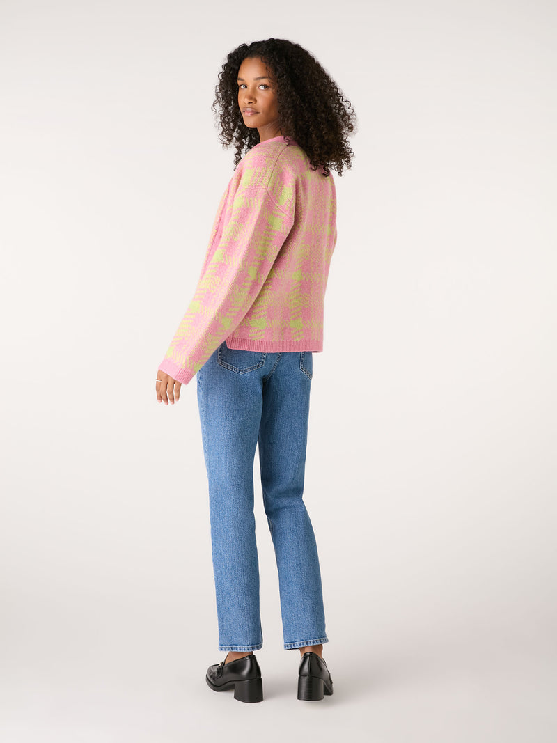 Francesca Check Cardigan in Pink and Lime