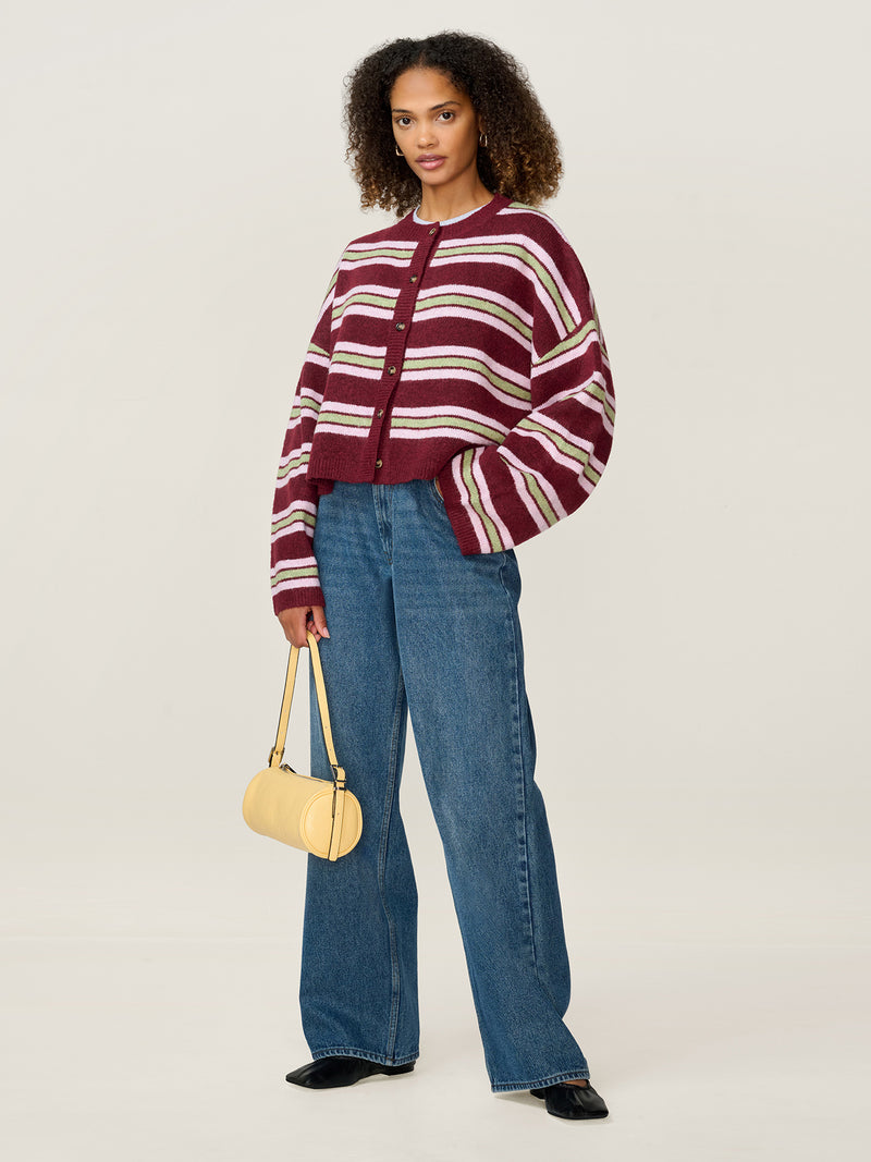 Lennie Striped Cardigan in Merlot and Green
