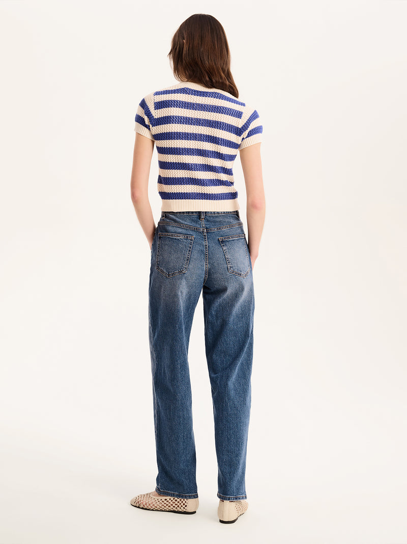 Lexi Stripe Crochet Jumper in Blue and Cream
