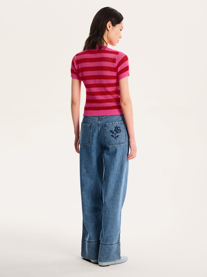 Lexi Stripe Crochet Jumper in Magenta and Red