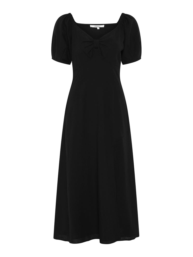 London Linen Bow Detail Midi Dress in Black