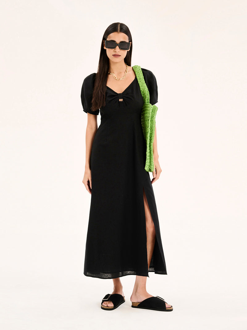 London Linen Bow Detail Midi Dress in Black