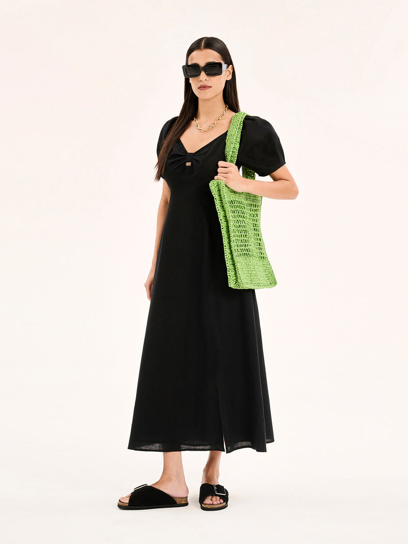 London Linen Bow Detail Midi Dress in Black