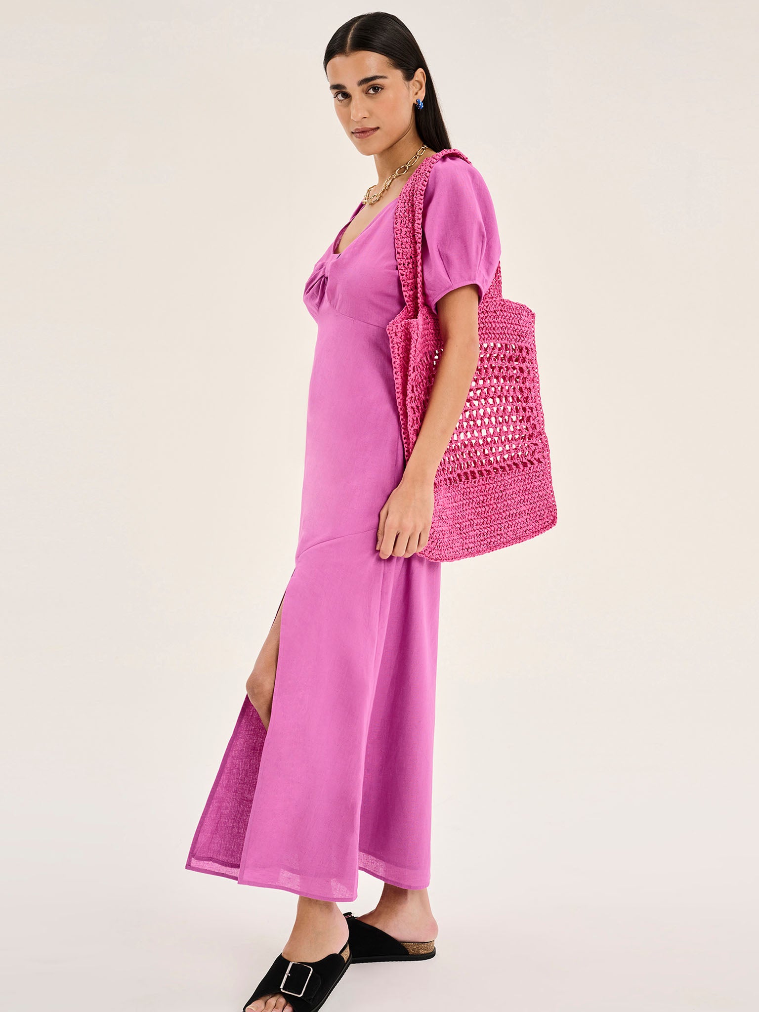 London Linen Bow Detail Midi Dress in Magenta | OMNES | Ethical & Affordable Clothing | Shop Women's Dresses London Linen Bow Detail Midi Dress in Magenta | OMNES | Ethical & Affordable Clothing | Shop Women's Dresses