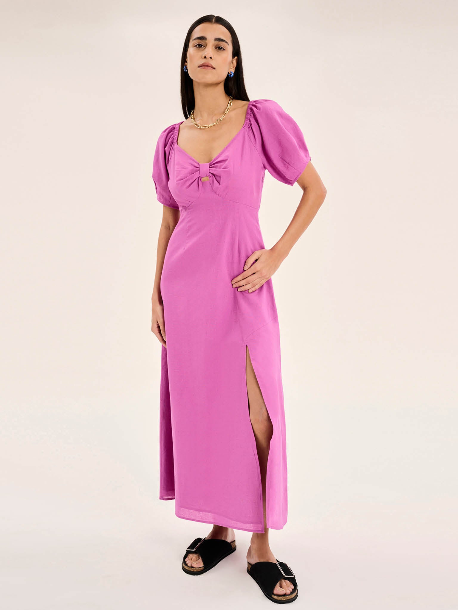 London Linen Bow Detail Midi Dress in Magenta | OMNES | Ethical & Affordable Clothing | Shop Women's Dresses London Linen Bow Detail Midi Dress in Magenta | OMNES | Ethical & Affordable Clothing | Shop Women's Dresses