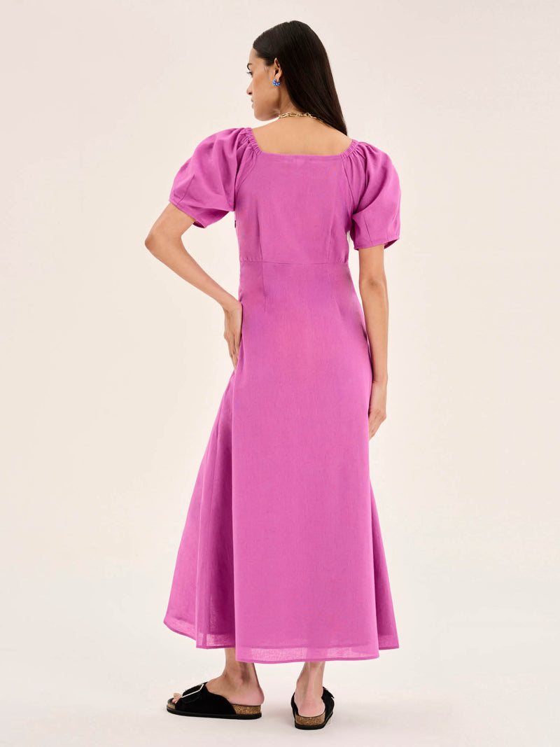 London Linen Bow Detail Midi Dress in Magenta