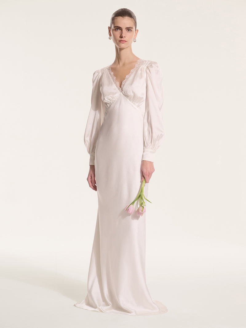 long arm dresses Elegant White Long Sleeves Prom Dress Slit Long With Lace Appliques