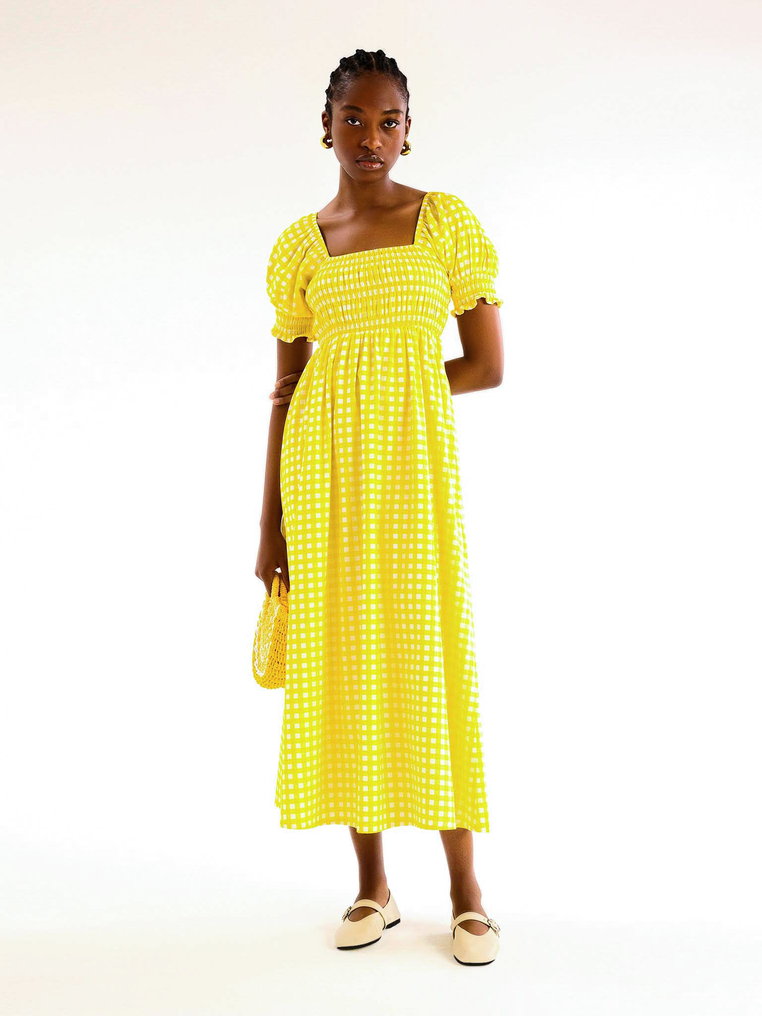 Megan Gingham Print Shirred Midi Dress in Yellow - 18