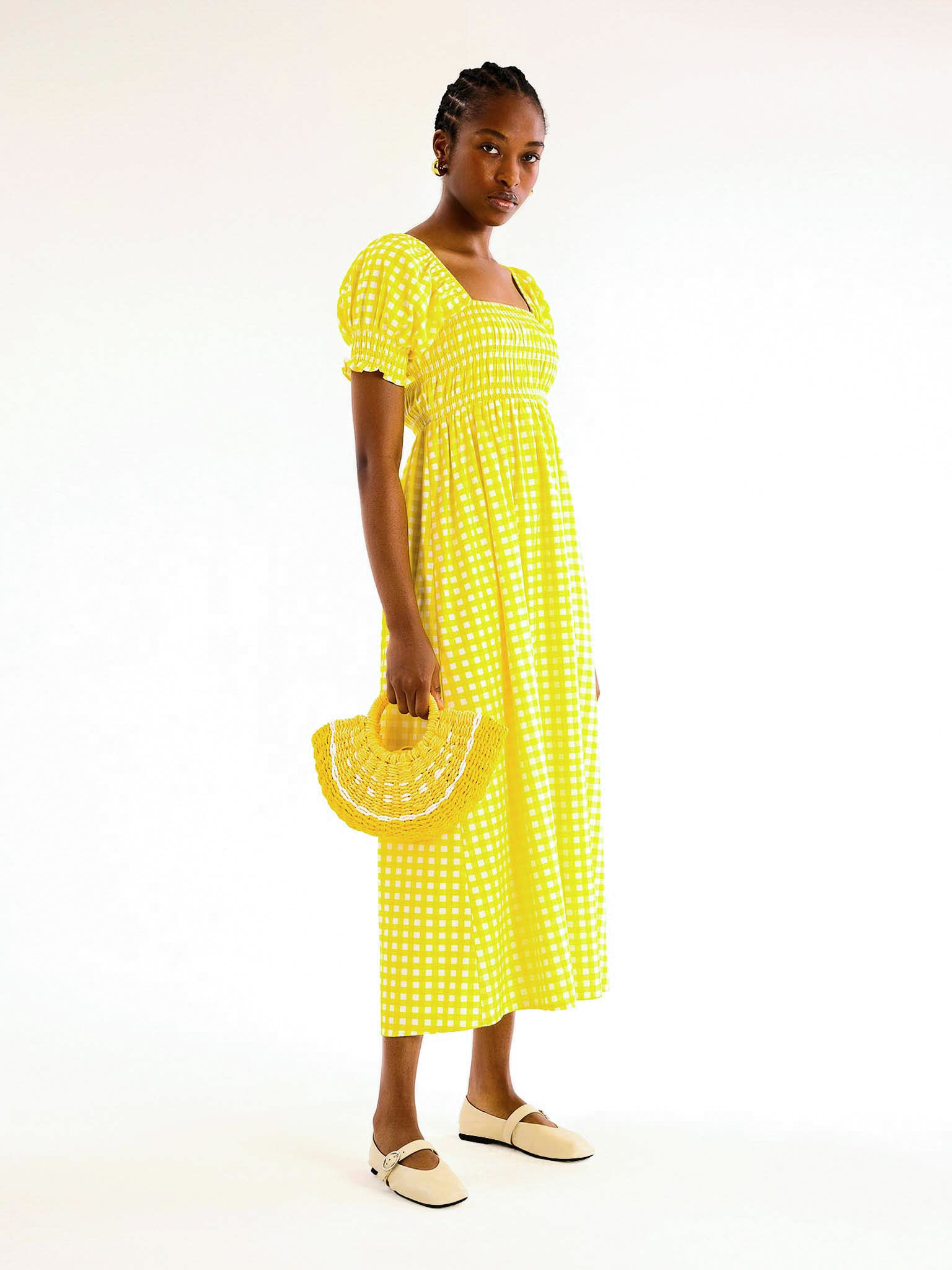 Megan Gingham Print Shirred Midi Dress in Yellow – OMNES