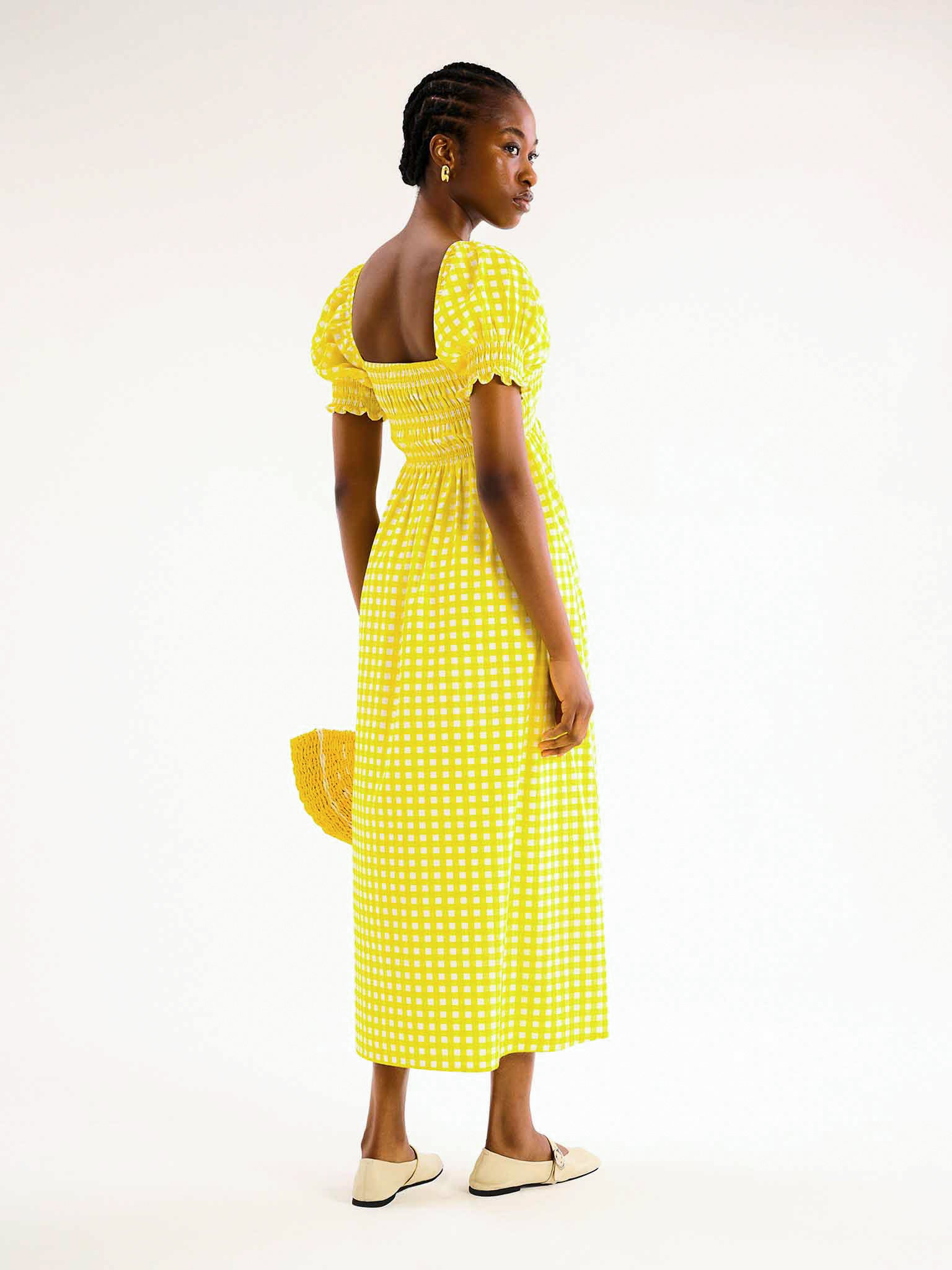 yellow gingham dress Megan Gingham Print Shirred Midi Dress in Yellow