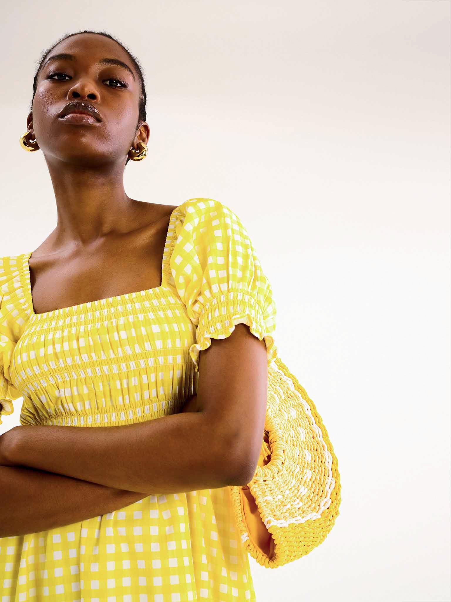 yellow gingham dress Megan Gingham Print Shirred Midi Dress in Yellow