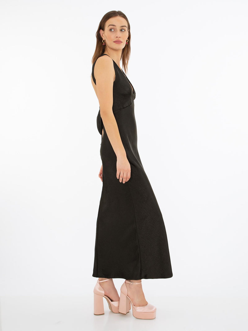 black v neck maxi dress with tie back