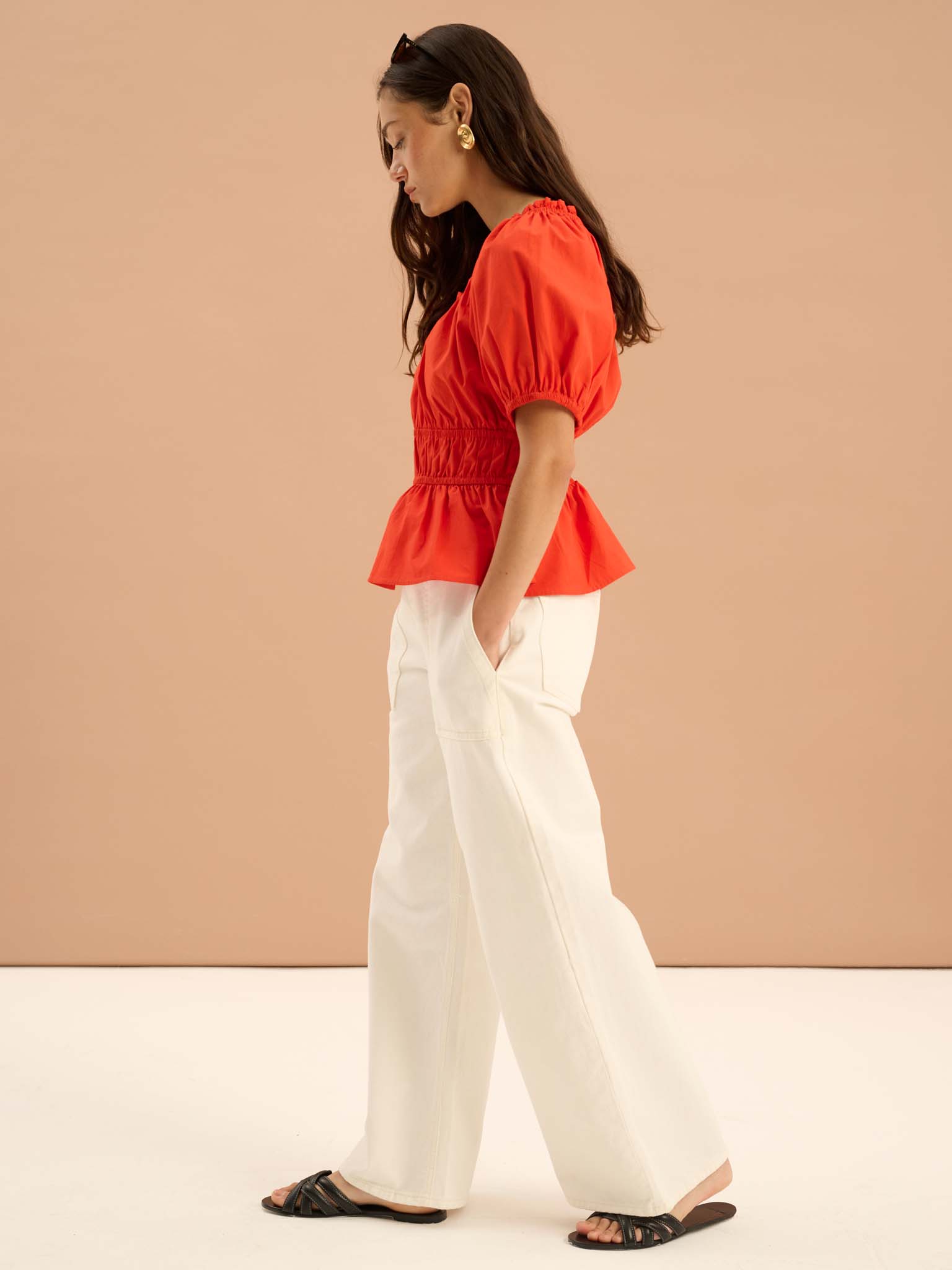 Ola Shirred Detail Short Sleeve Top in Red | OMNES | Tops