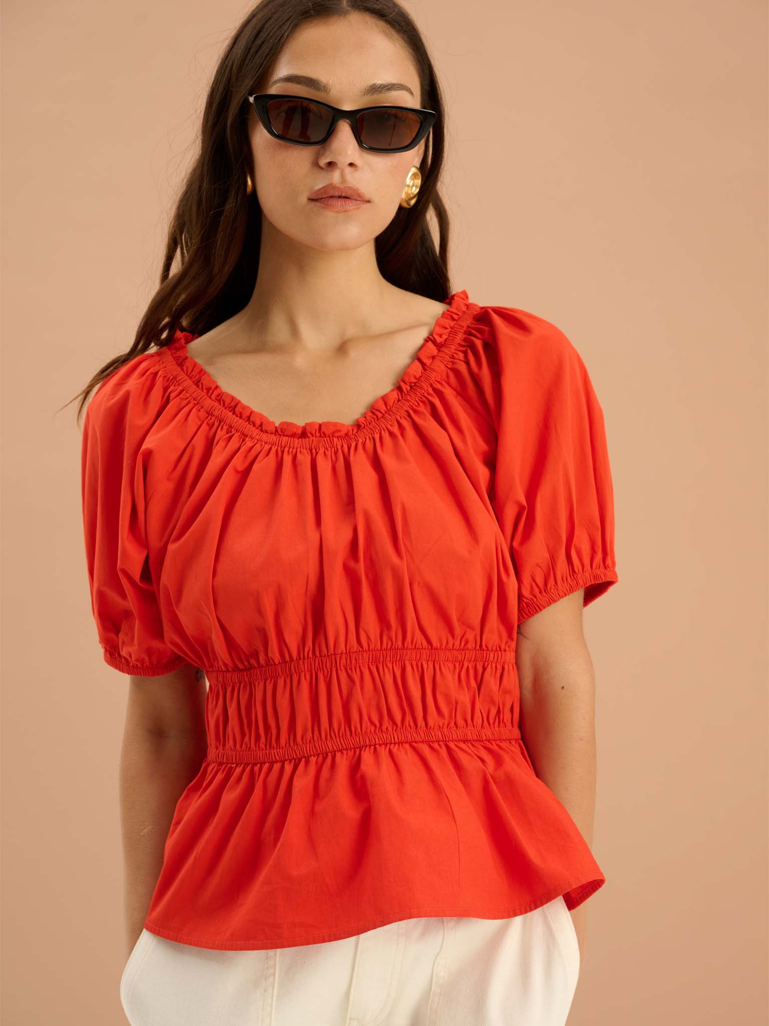 Ola Shirred Detail Short Sleeve Top in Red | OMNES | Tops