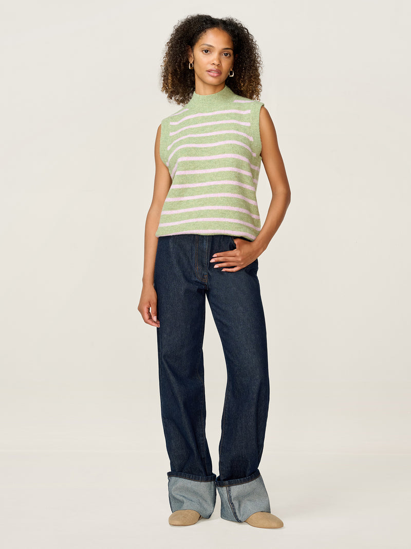 Pauli Funnel Neck Stripe Vest in Green and Pink