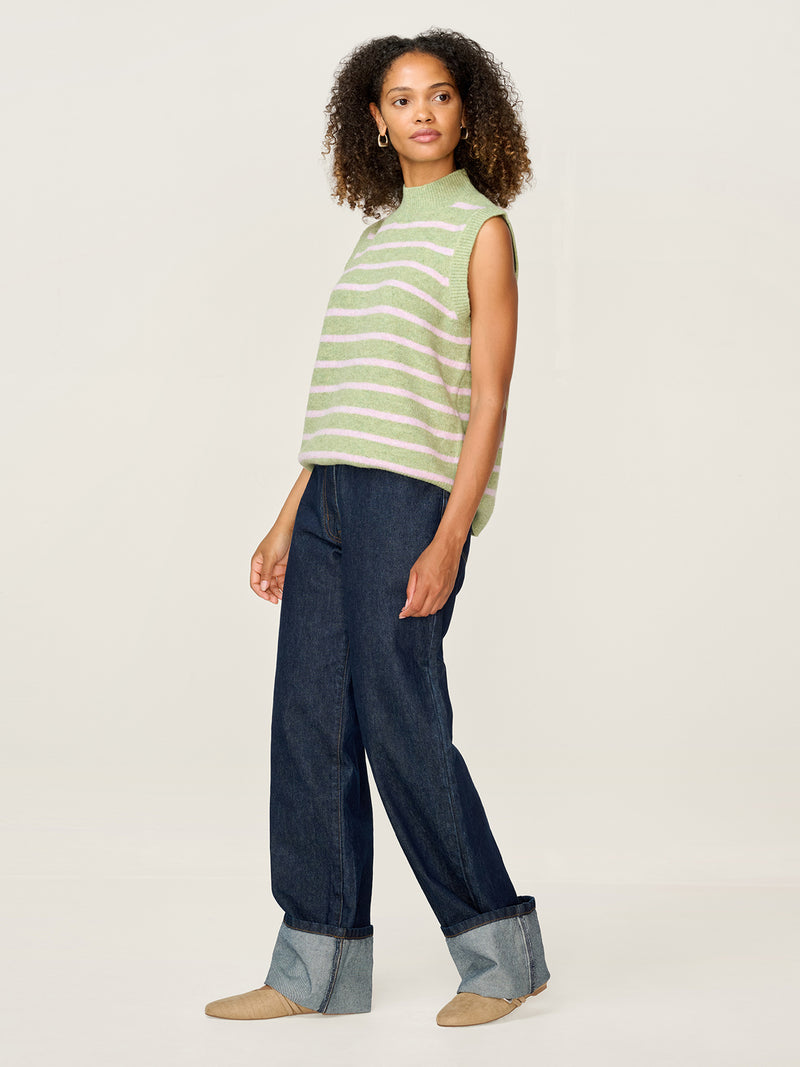 Pauli Funnel Neck Stripe Vest in Green and Pink