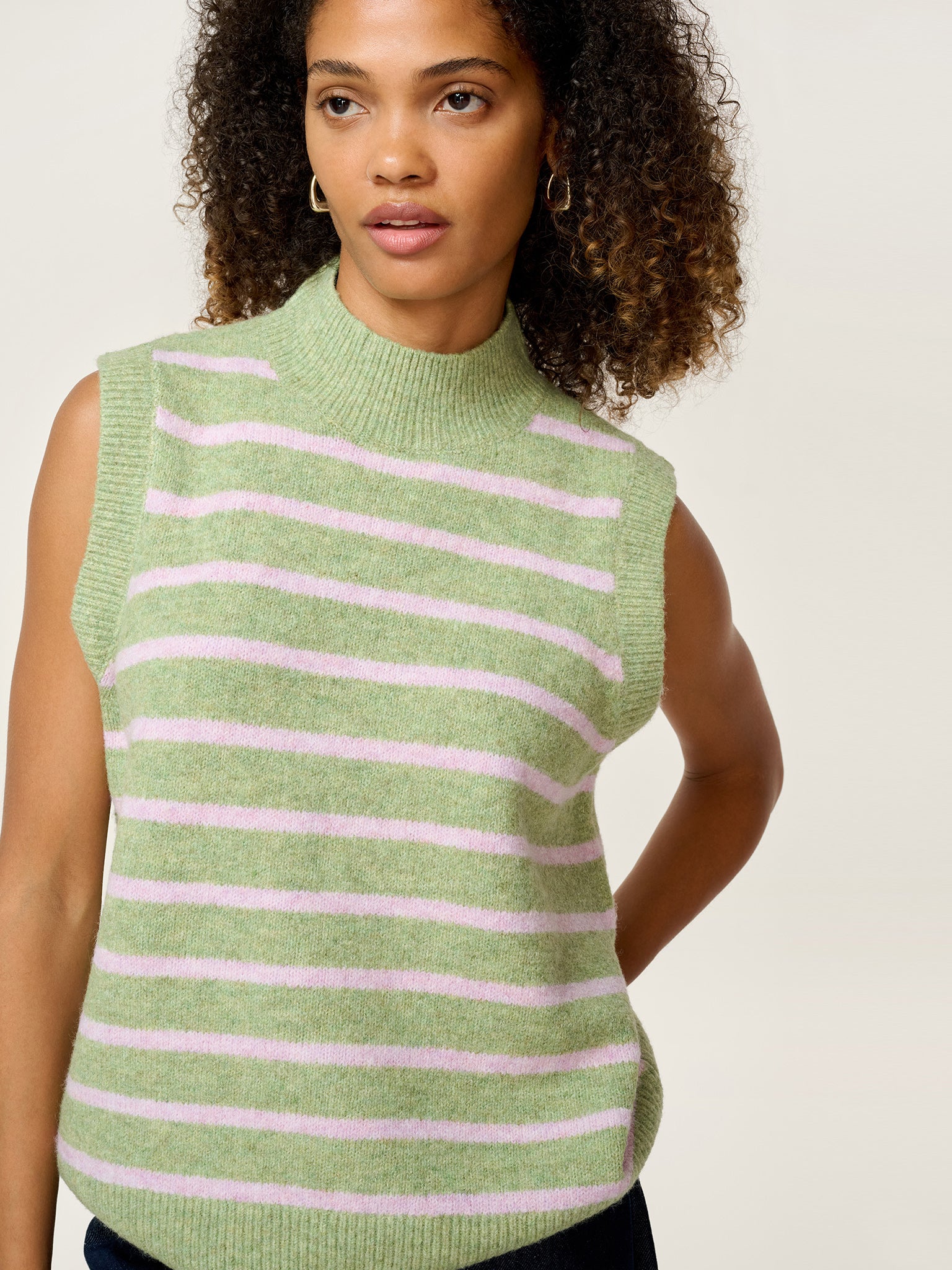 Pauli Funnel Neck Stripe Vest in Green and Pink | OMNES | Ethical