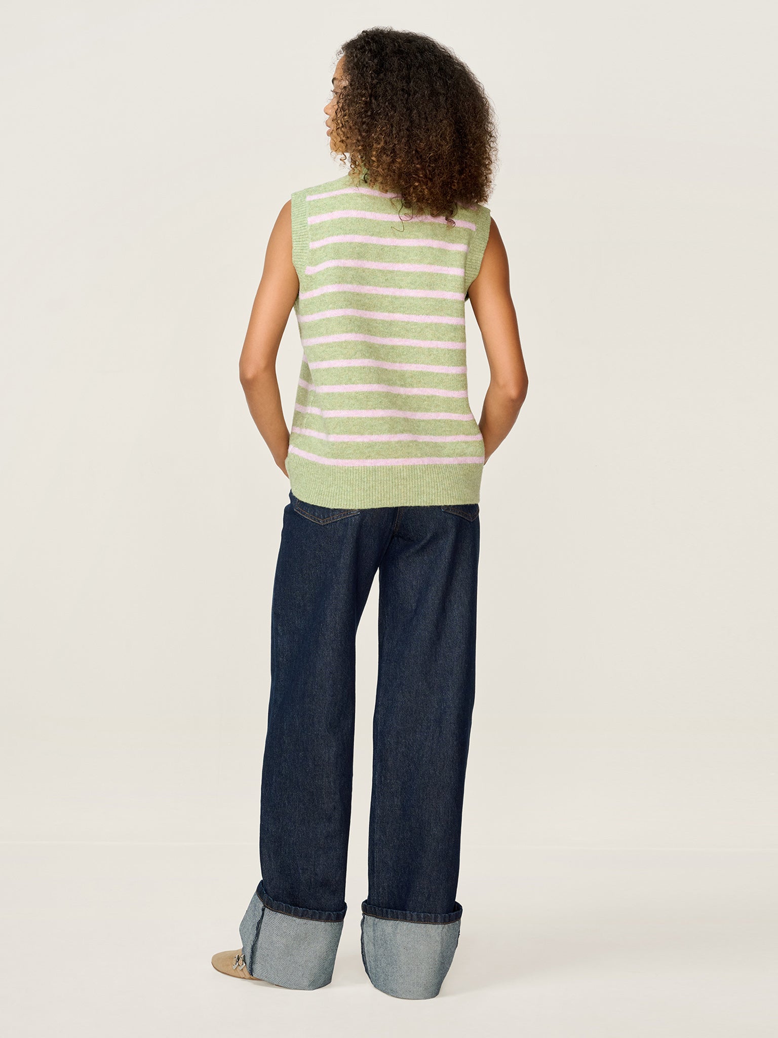 Pauli Funnel Neck Stripe Vest in Green and Pink | OMNES | Ethical
