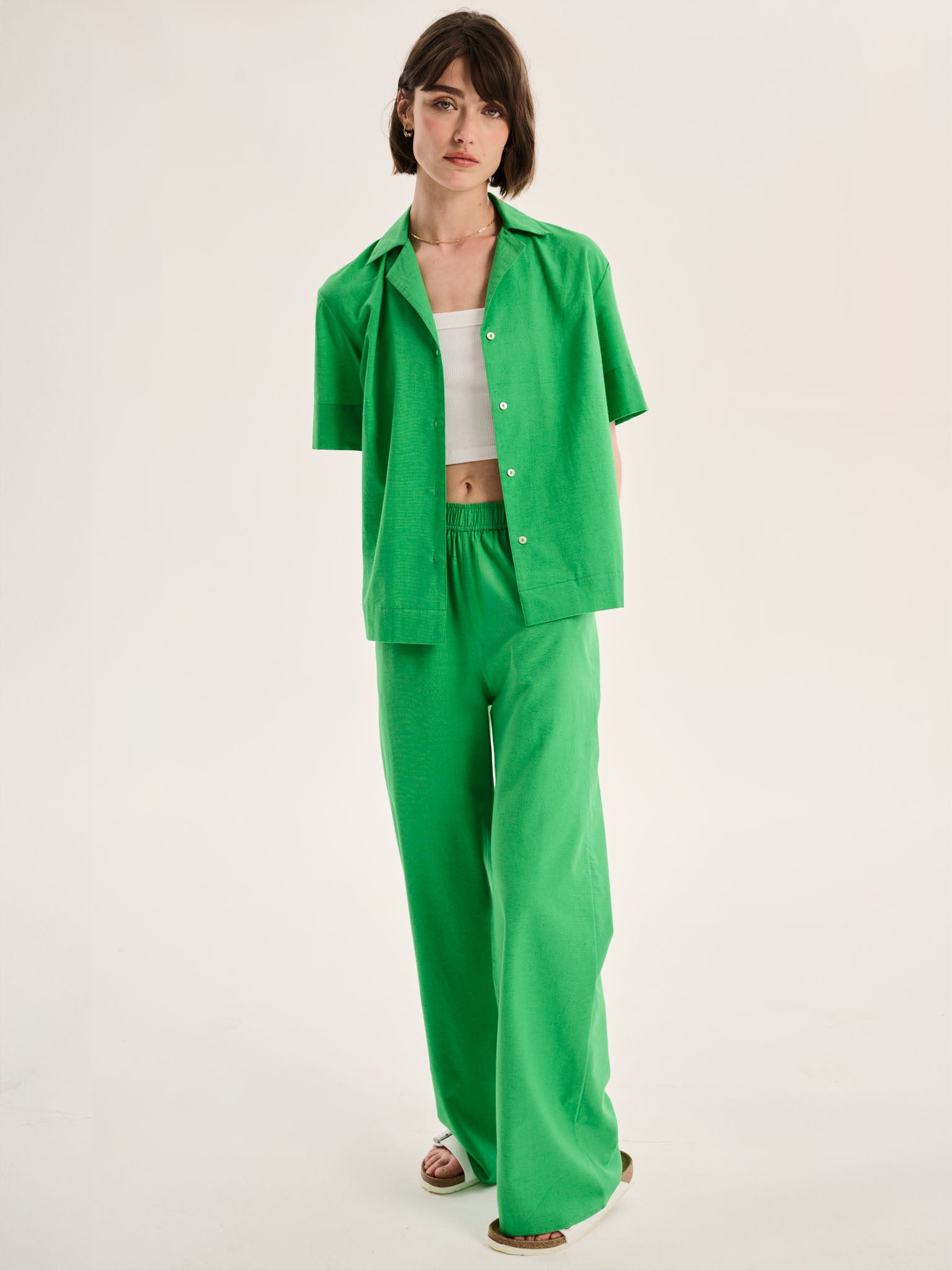 Ramela Elasticated Waist Linen Trouser in Green | OMNES | Jeans