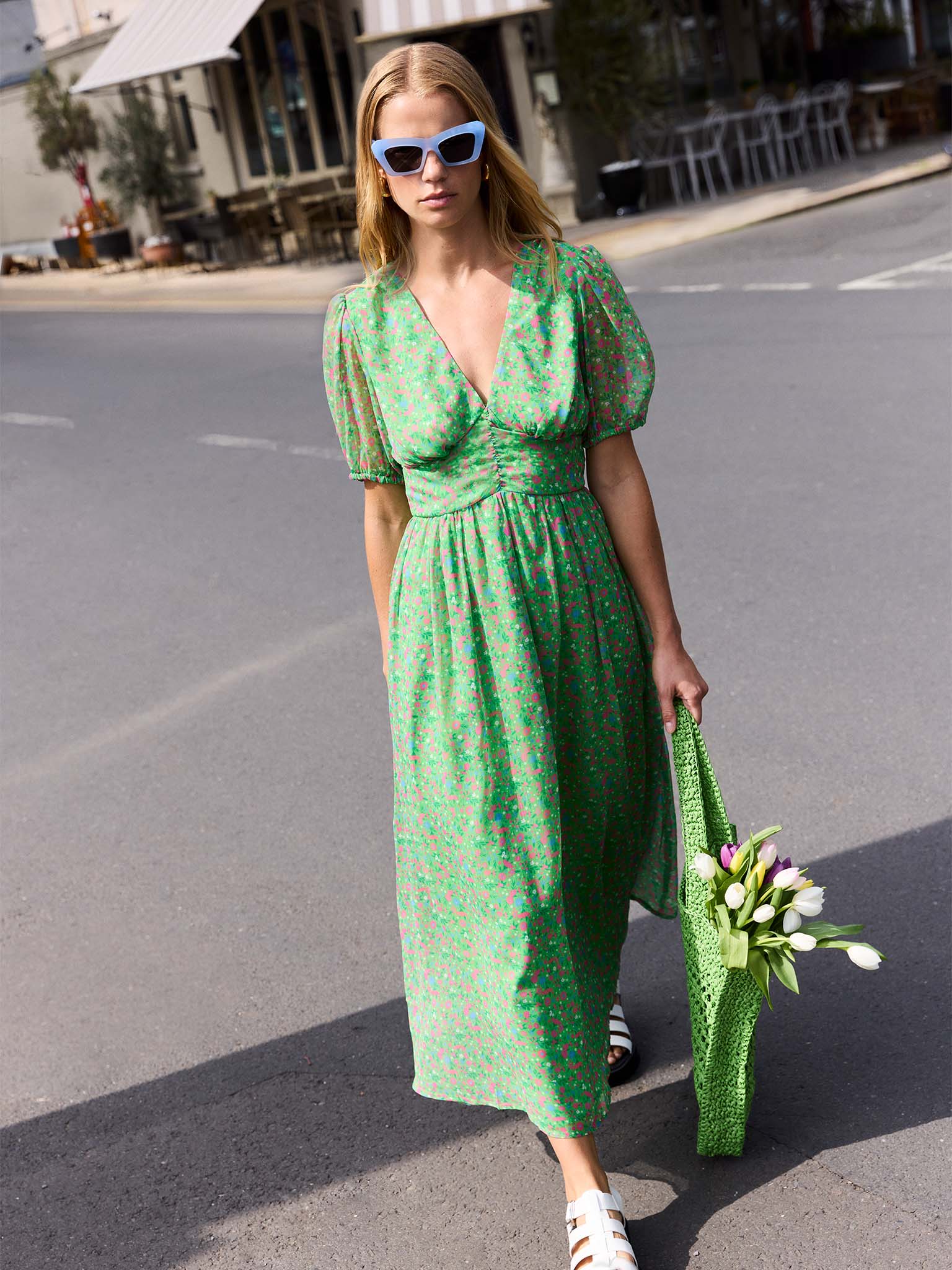 green floral v neck dress Raphaela Dress in Green Floral Print | OMNES | Ethical & Affordable Clothing
