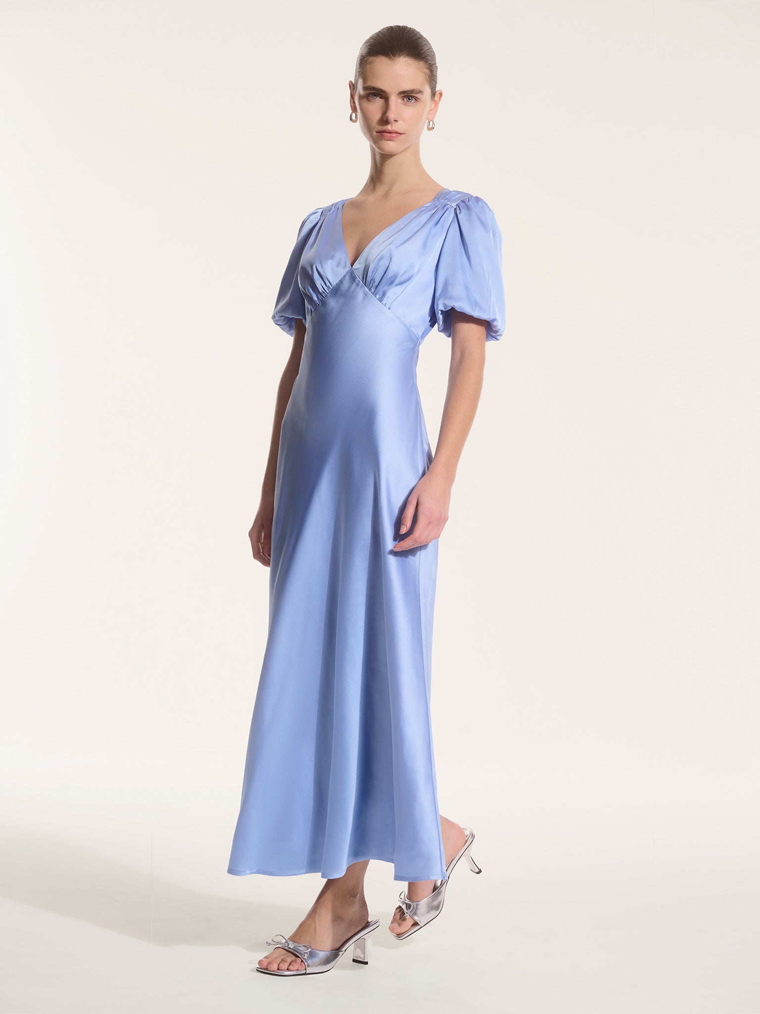 Rosie Ruched Puff Sleeve Dress in Light Blue - 4 Rosie Ruched Puff Sleeve Dress in Light Blue - 4