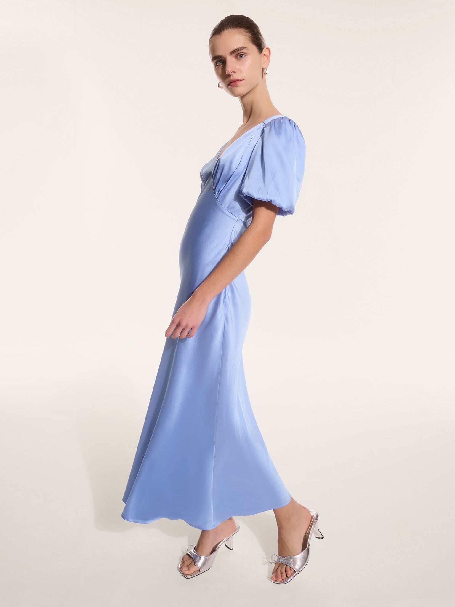 Rosie Ruched Puff Sleeve Dress in Light Blue | OMNES | Ethical & Affordable Clothing Rosie Ruched Puff Sleeve Dress in Light Blue | OMNES | Ethical & Affordable Clothing