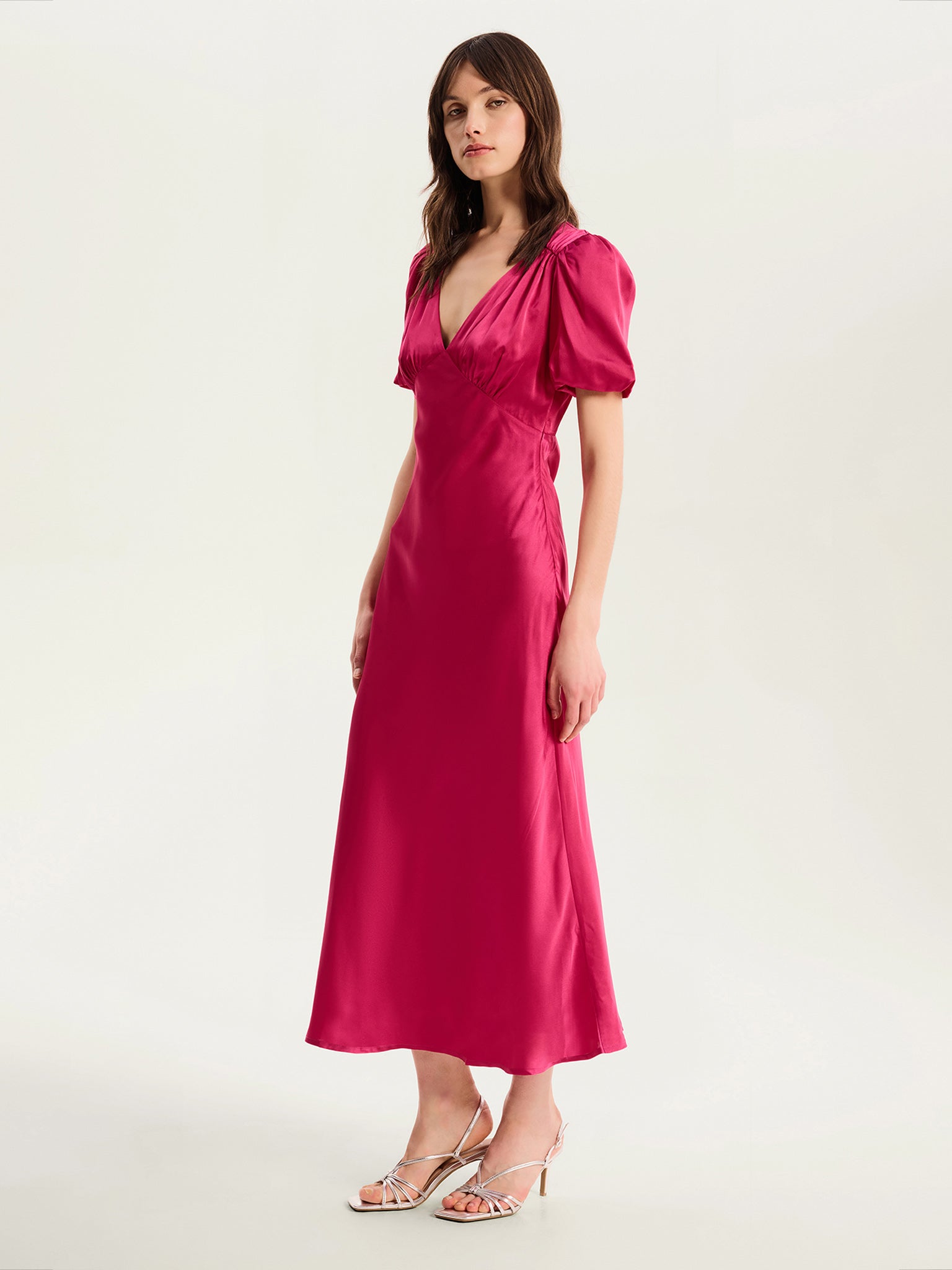 Rosie Ruched Puff Sleeve Dress in Magenta - 6 Rosie Ruched Puff Sleeve Dress in Magenta - 6