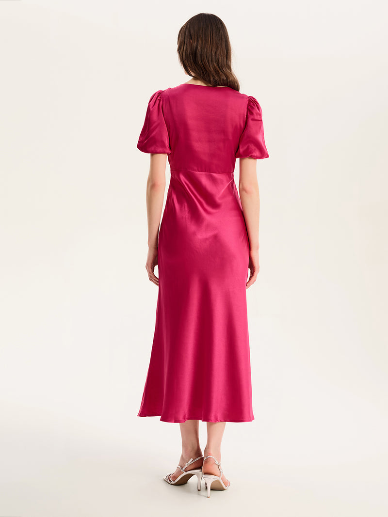 Rosie Ruched Puff Sleeve Dress in Magenta