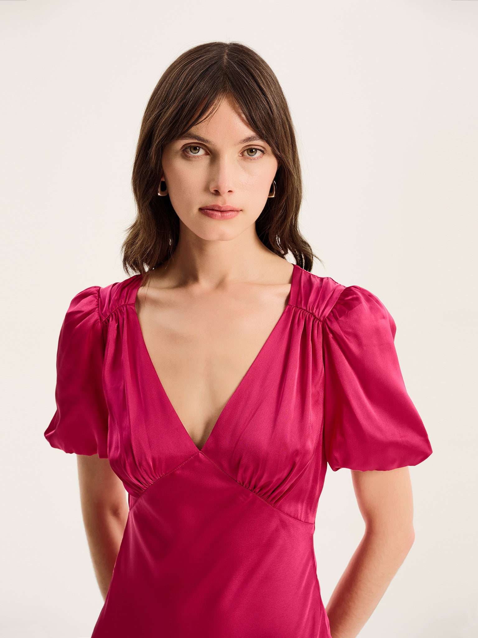 Rosie Ruched Puff Sleeve Dress in Magenta - 6 Rosie Ruched Puff Sleeve Dress in Magenta - 6