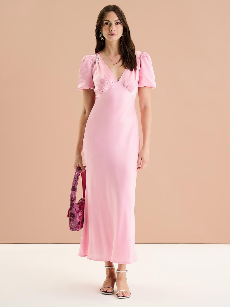 Rosie Ruched Puff Sleeve Dress in Pink