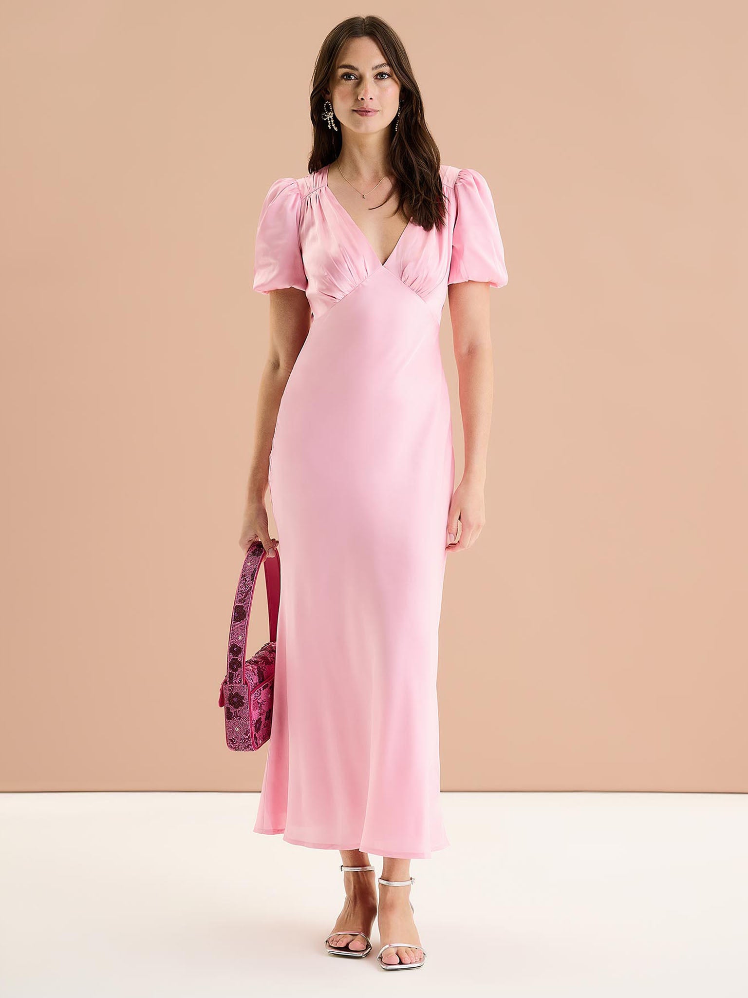 Rosie Ruched Puff Sleeve Dress in Pink - 12 Rosie Ruched Puff Sleeve Dress in Pink - 12