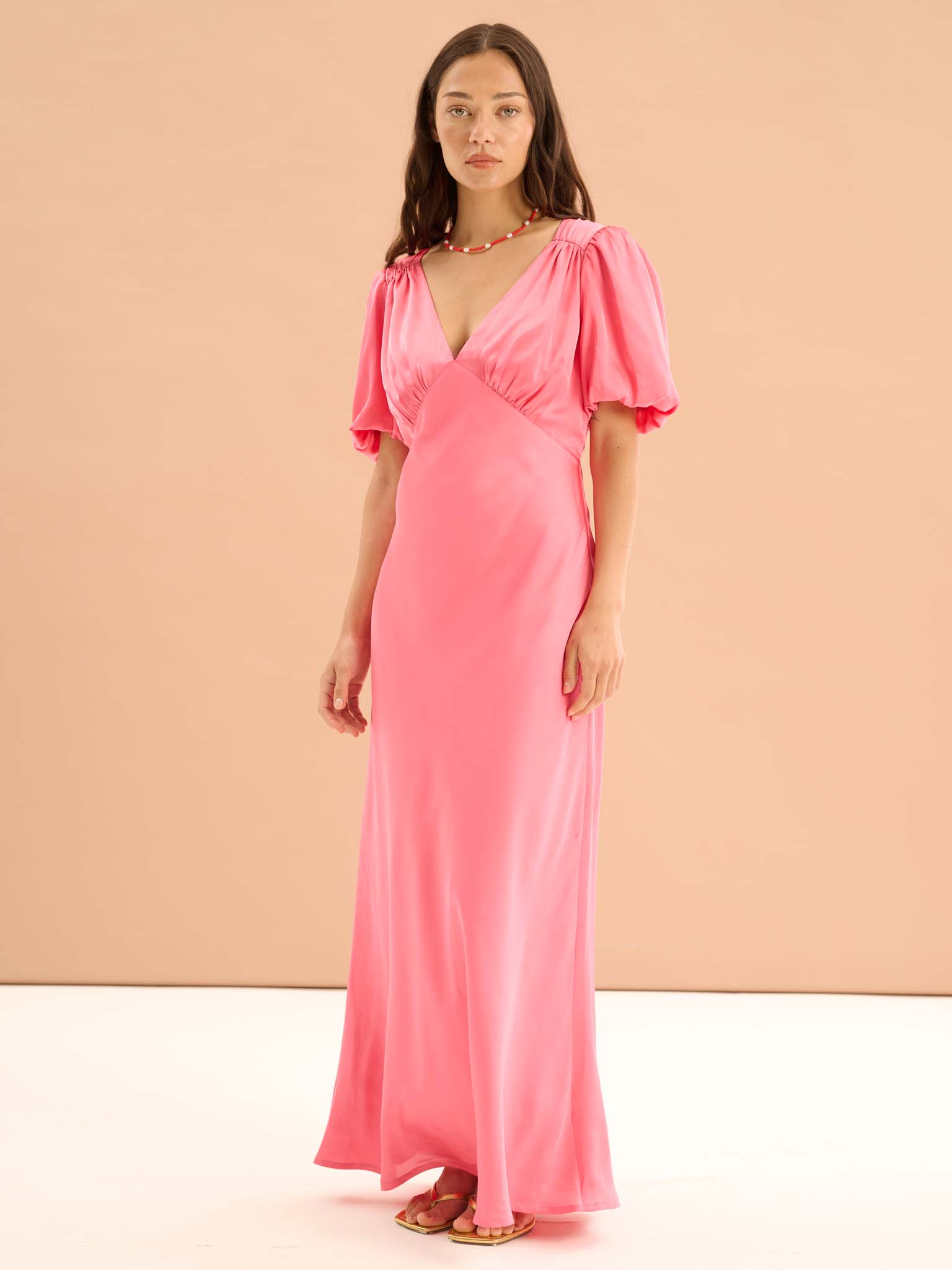 Rosie Ruched Puff Sleeve Dress in Pink | OMNES | Dresses