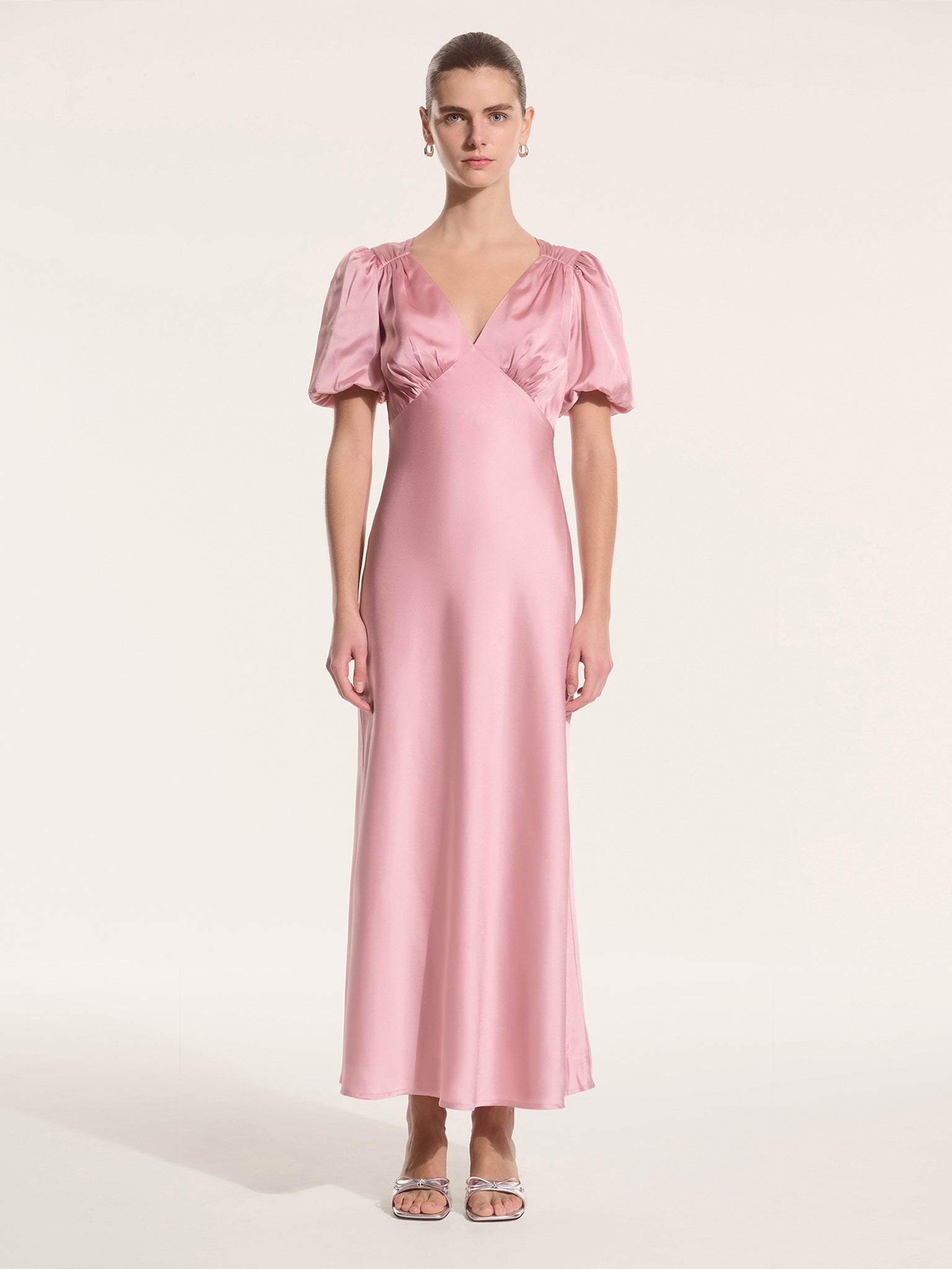 Rosie Ruched Puff Sleeve Dress in Pink OMNES Ethical