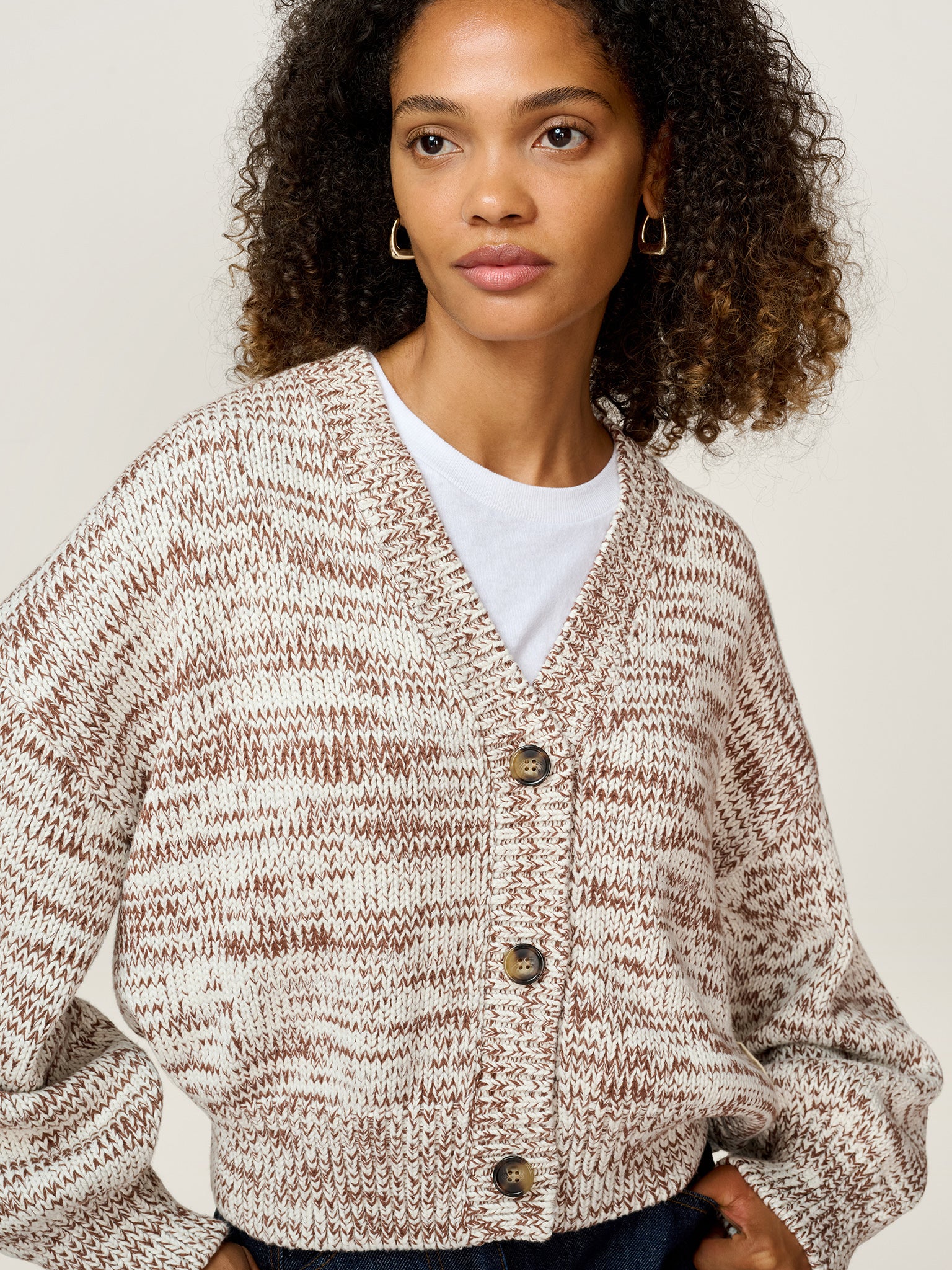 Hopper Cardigan in Brown and Cream | OMNES | Ethical & Affordable