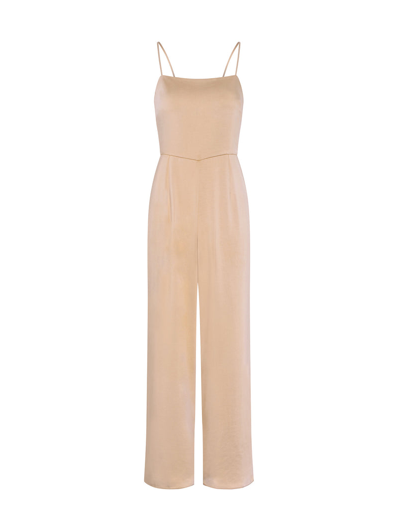 strappy jumpsuit in gold with tie back detail