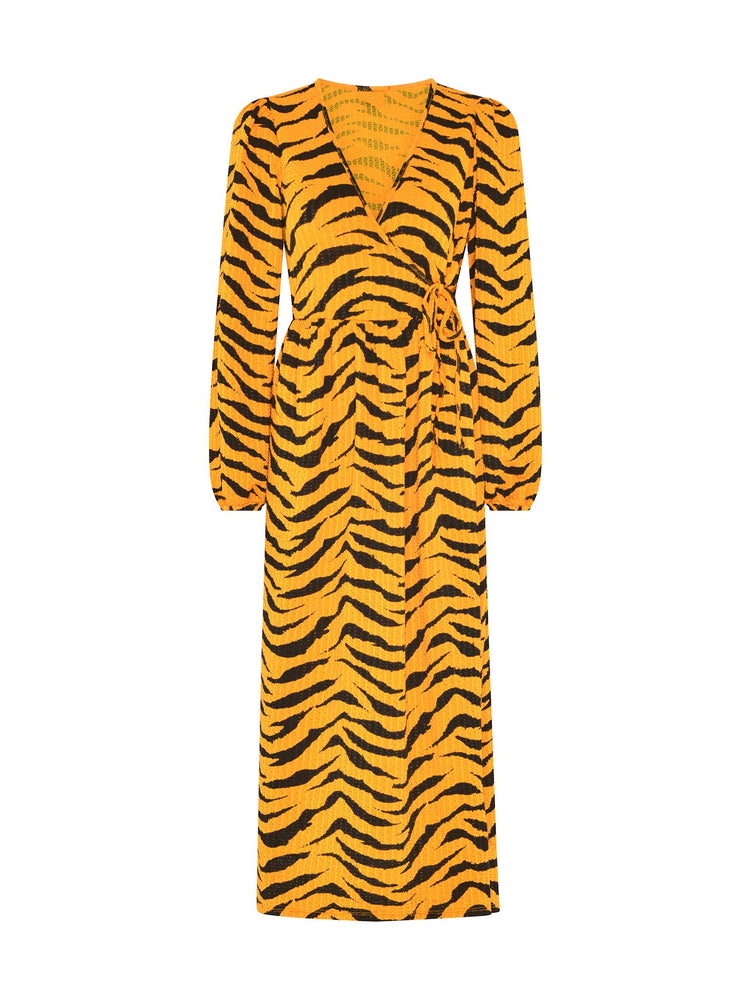Crown Wrap Midi Dress in Tiger Print