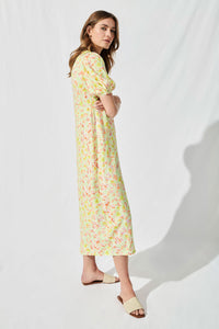 Adele Puff Sleeve Midi Tea Dress in Lime Daisy
