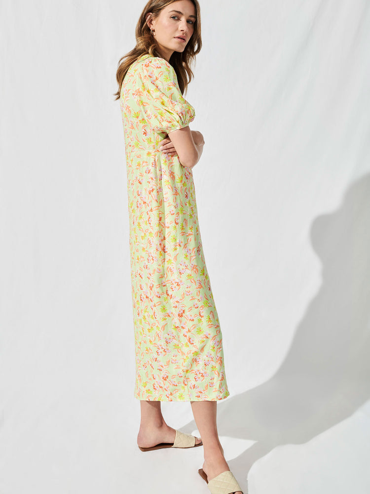 Adele Puff Sleeve Midi Tea Dress in Lime Daisy