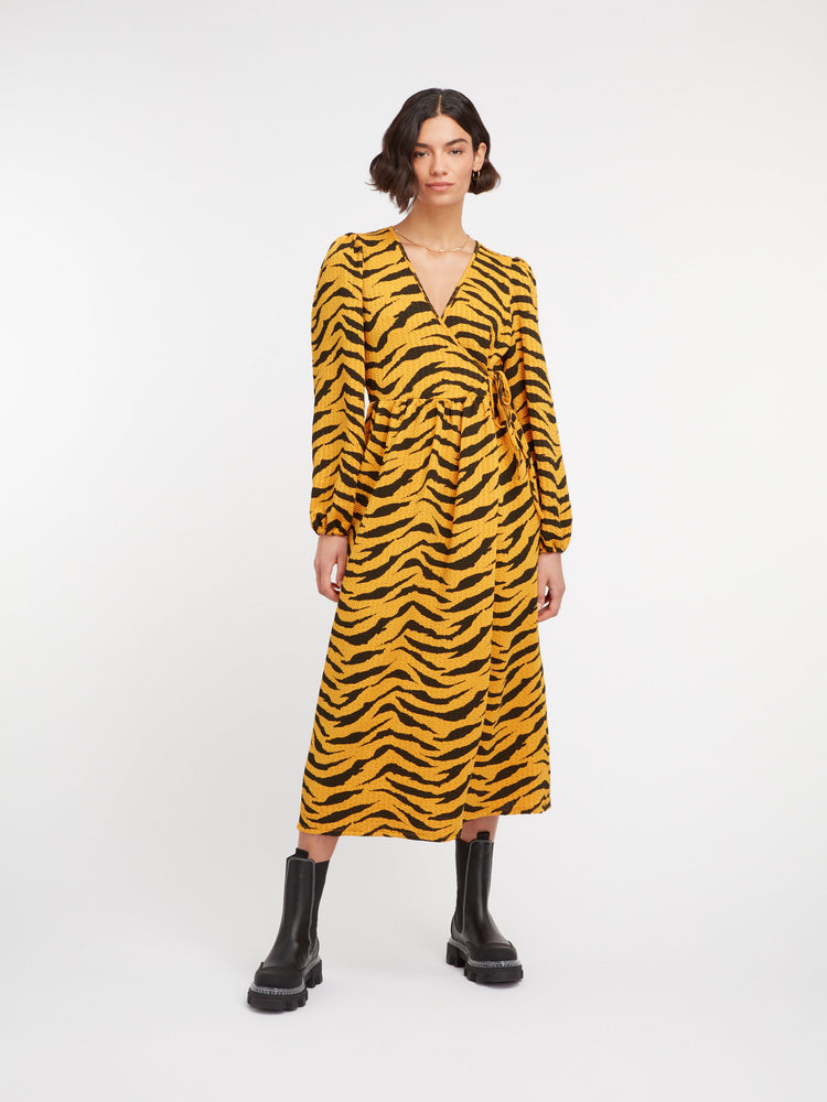 Crown Wrap Midi Dress in Tiger Print